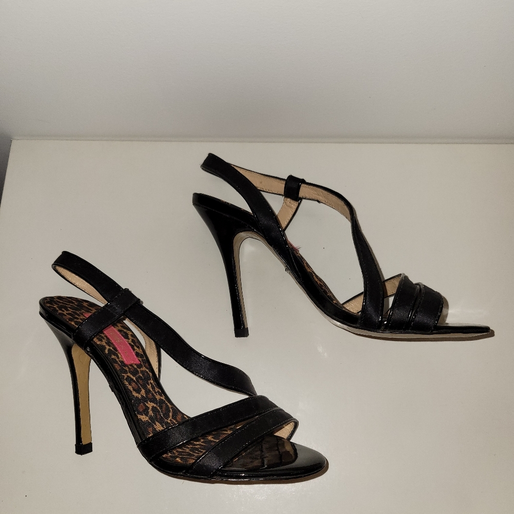 Betsy Johnson Strappy satin black high heel sandals. Leather lined. Size 6
